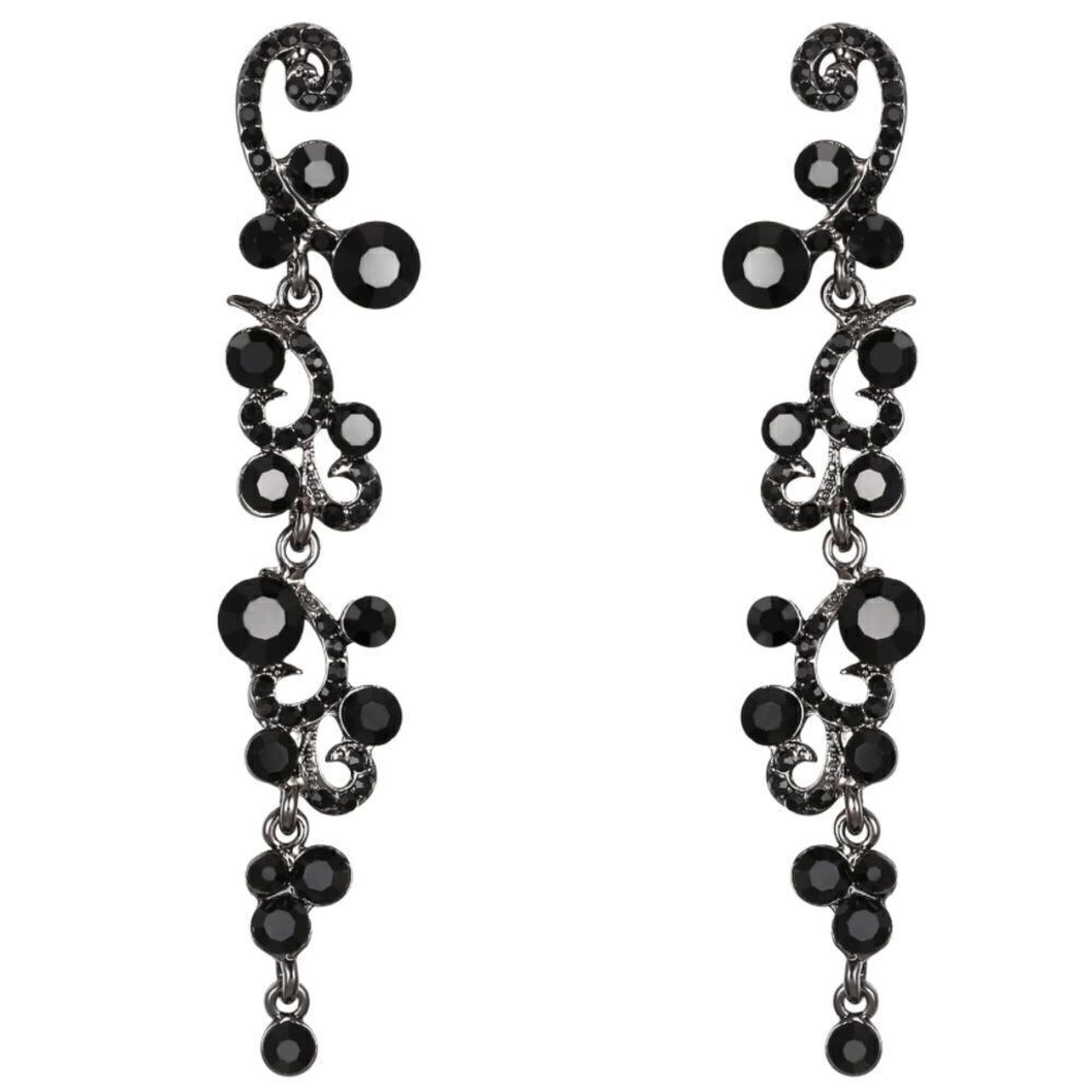 Gun Metal with Black Onyx Austrian Crystal Wave Statement Post Drop Earrings